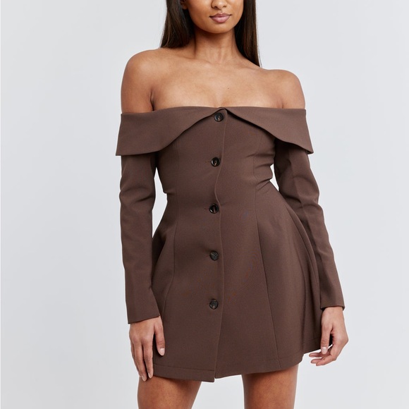 Odd Muse The Ultimate Muse Button Up off shoulder long sleeve Mini Dress Brown - Picture 3 of 9